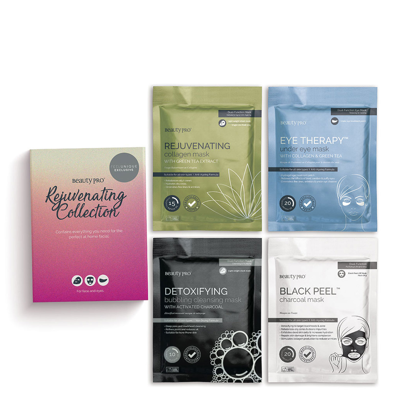 BeautyPro Rejuvenating Collection系列 面部护理套装 活性炭排毒泡泡洁面膜+胶原蛋白护眼膜+去角质面膜+保湿焕肤面膜