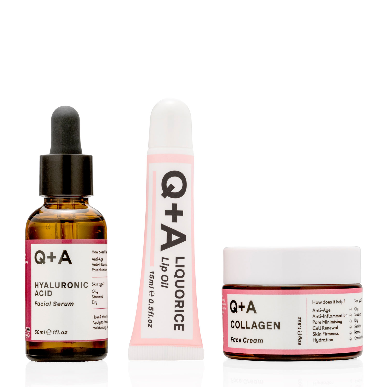 Q+A 强效保湿三件套装（透明质酸面部精华液30ml+胶原蛋白面霜50g+甘草精华润唇油15ml）