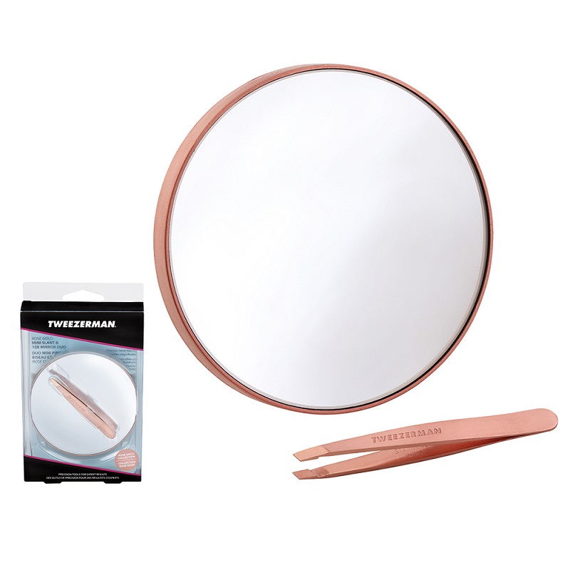 TWEEZERMAN 迷你款玫瑰金色斜口不锈钢镊子和化妆镜子 1件