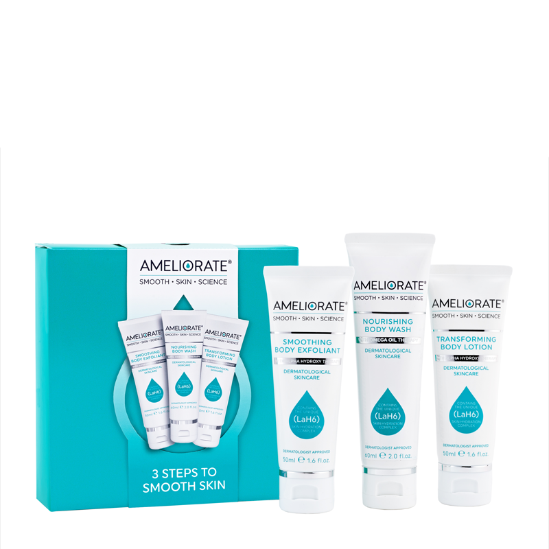 AMELIORATE 去鸡皮肤粗糙平滑三件套装 去角质霜50ml+沐浴乳60ml+身体乳50ml