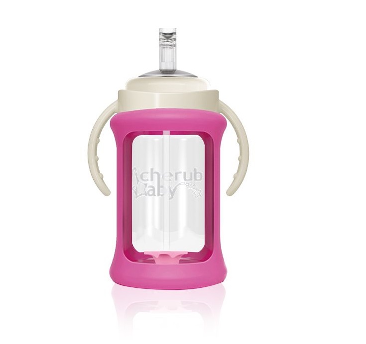 Cherub Baby 宽口径儿童玻璃重力球吸管杯 240ml 粉色 耐摔防漏