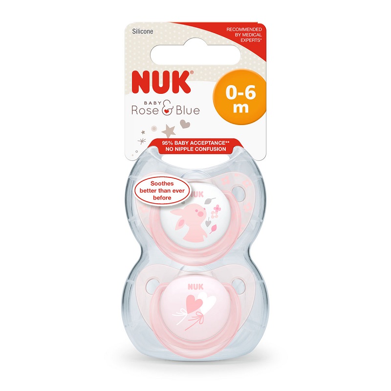 NUK 婴儿玫瑰粉柔软硅胶安抚奶嘴 2个（适合0-6个月婴儿）颜色款式随机发货