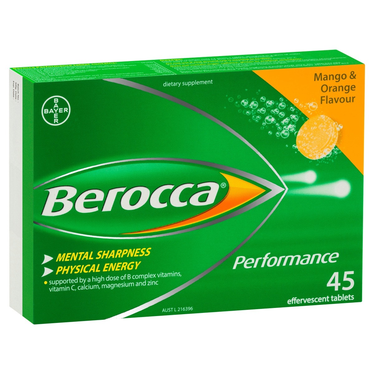 Berocca 拜维佳 维生素B+C+钙镁锌水溶泡腾片（芒果香橙味）45片