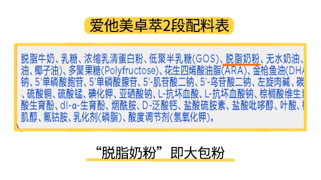 爱他美卓萃2段配料表