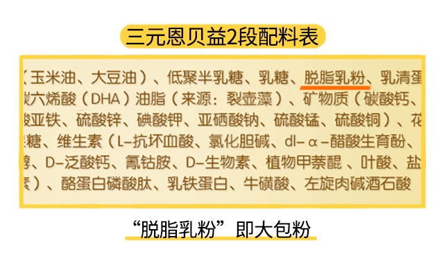 三元贝恩益1段配料表 三元贝恩益1段配料表