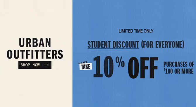 美国Urban Outfitters官网8月福利来袭 购物满100美元享学生9折优惠